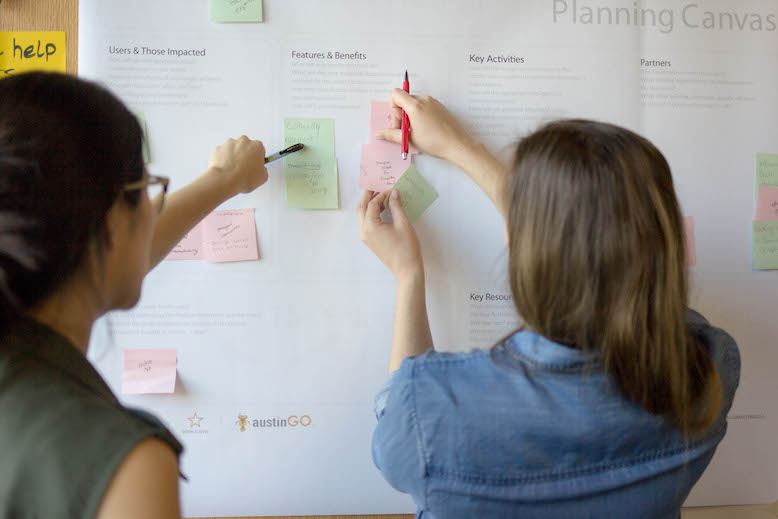 Two ladies add post it notes to their hack canvas